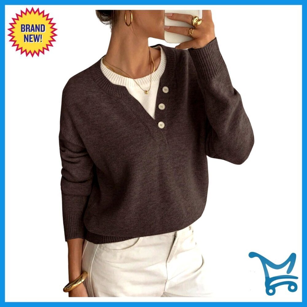 Button Up V Neck Sweater Cozy Fall Fashion Color Block Pullover Long Sleeve Tops